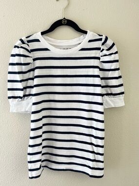 LOFT Striped Puff Sleeve Top Small Navy White Cotton Parisian Coastal Chic